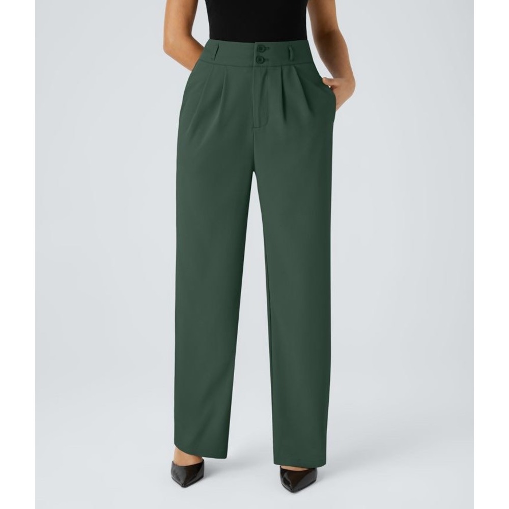 Halara‎ Flex High Waisted Pocket Shirred Straight Leg Work Pants in Green